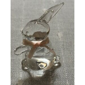 Adorable Vintage Clear Glass Small Bunny Rabbit With Pink Bow 2" Spring *Mint*